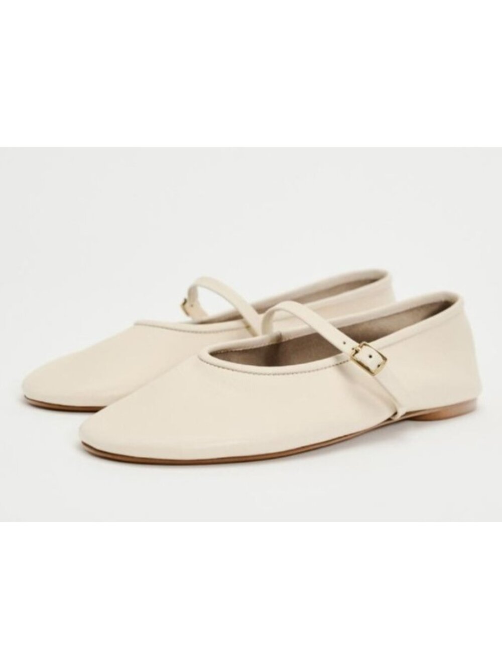 ZARA Ivory Leather Mary Jane Ballet Flats Gold Buckle EU 39 US 8.5